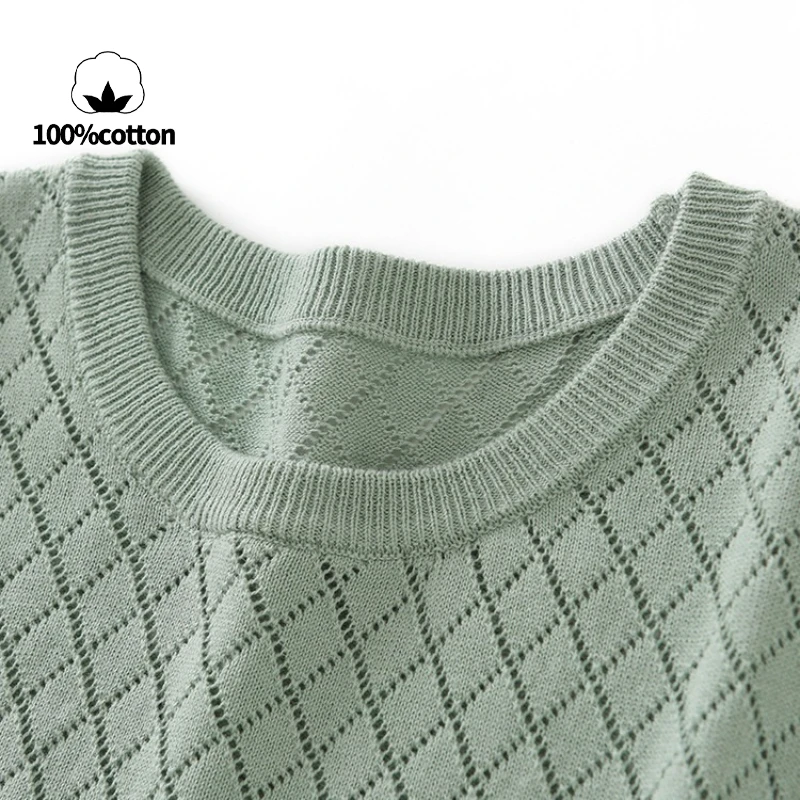 メンズコットンリッチ中空ニットTシャツ：通気性と吸汗性に優れたOネックデザイン ​ レーザー切断技術