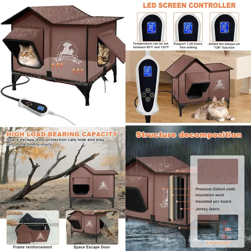 

Large Insulated Outdoor Cat Shelter with Heated Pad and Smart Timer, Waterproof and Safe Escape Door
