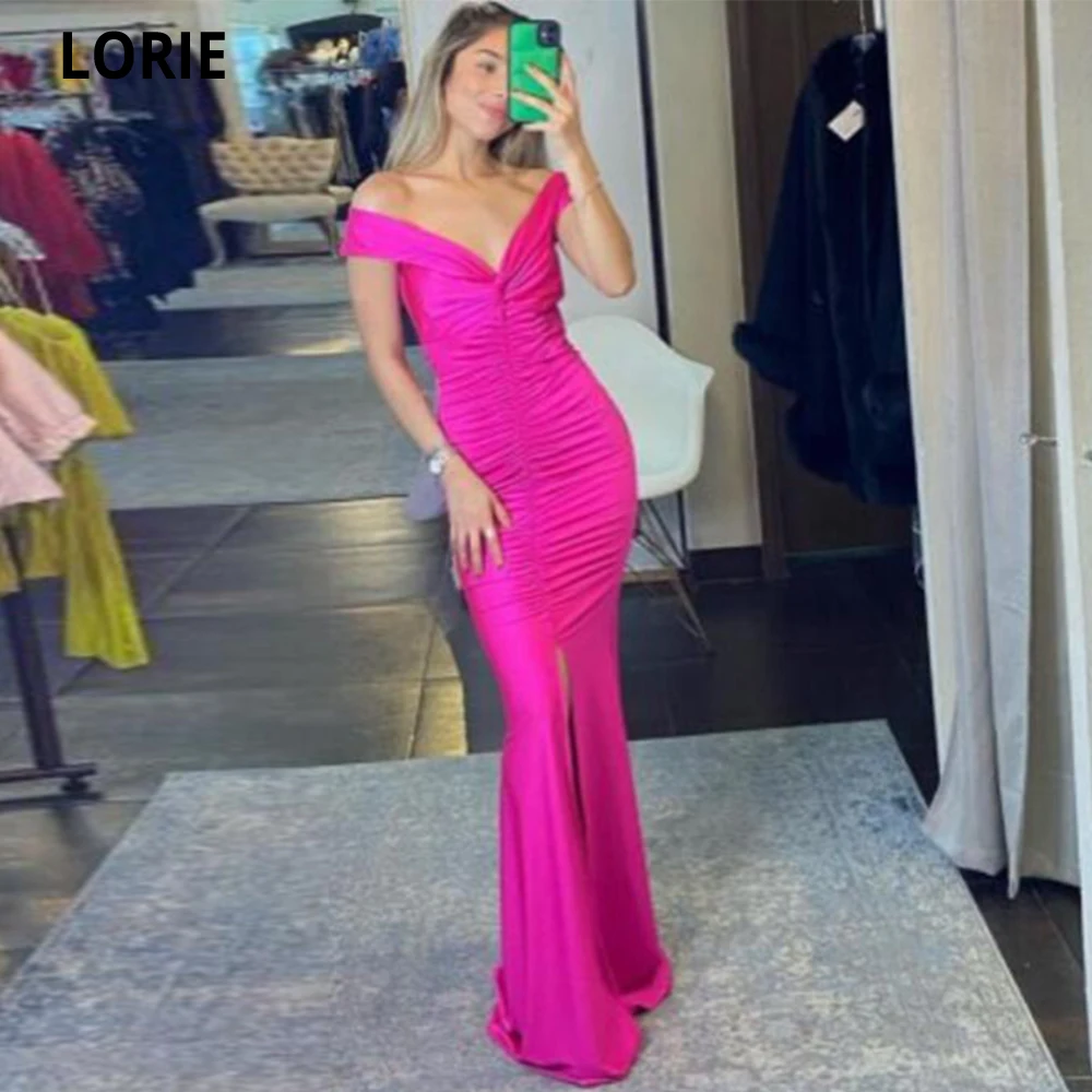 

LORIE Hot Pink Saudi Arabia Mermaid Prom Dresses 2022 Dubai Formal Prom Party Gowns Short Sleeves Pleats Women's Evening Dress