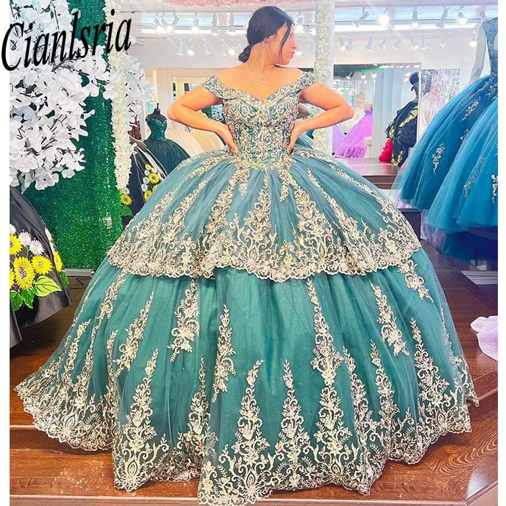 

Princess Green Off The Shoulder Ball Gown Quinceanera Dress Beaded Birthday Prom Dresses For Girl Appliques Lace Up Back