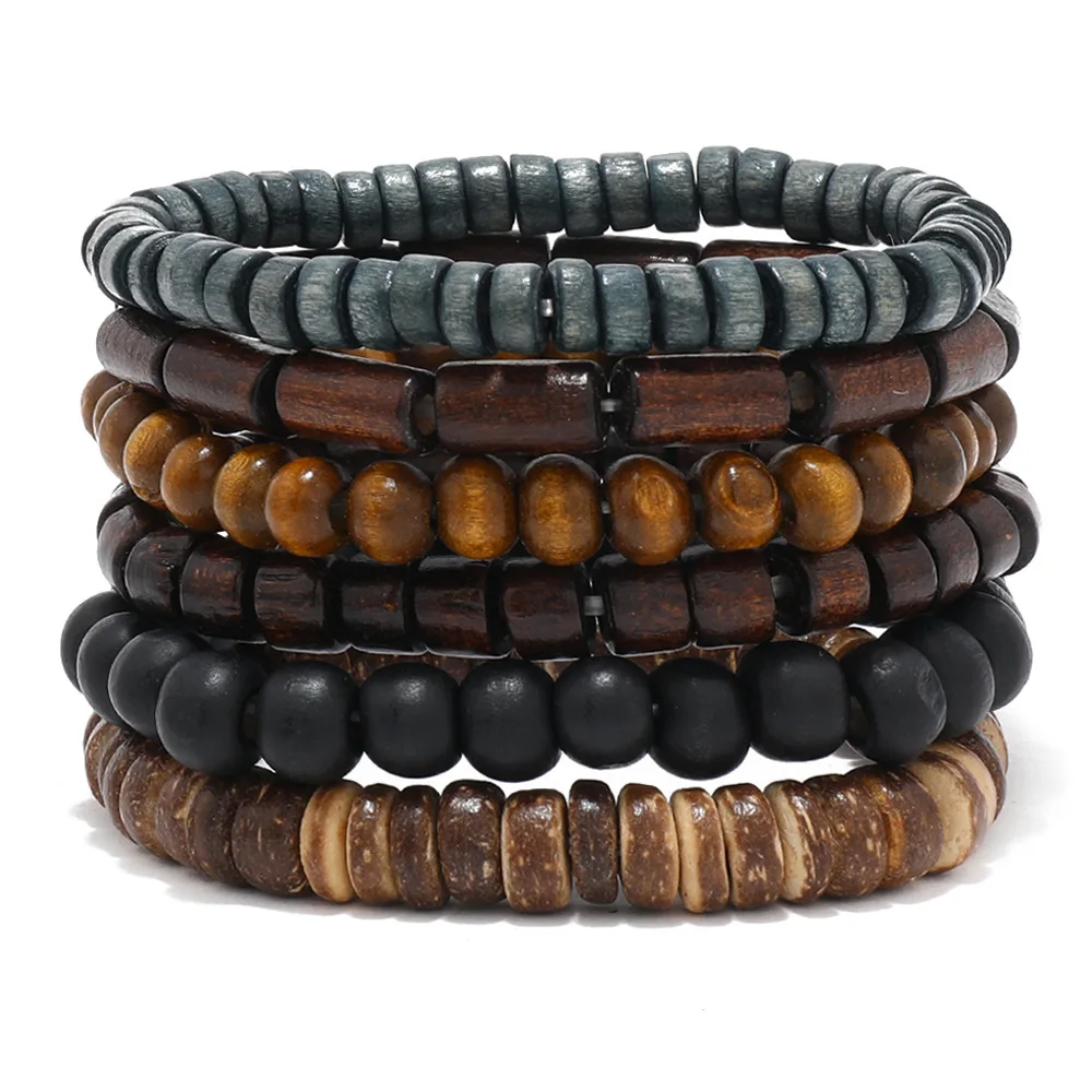 6pcs/set Handmade Retro Multi-layer Elastic Thread Wooden Bead Beaded Bracelets Set for Men Coconut Shell Bracelets