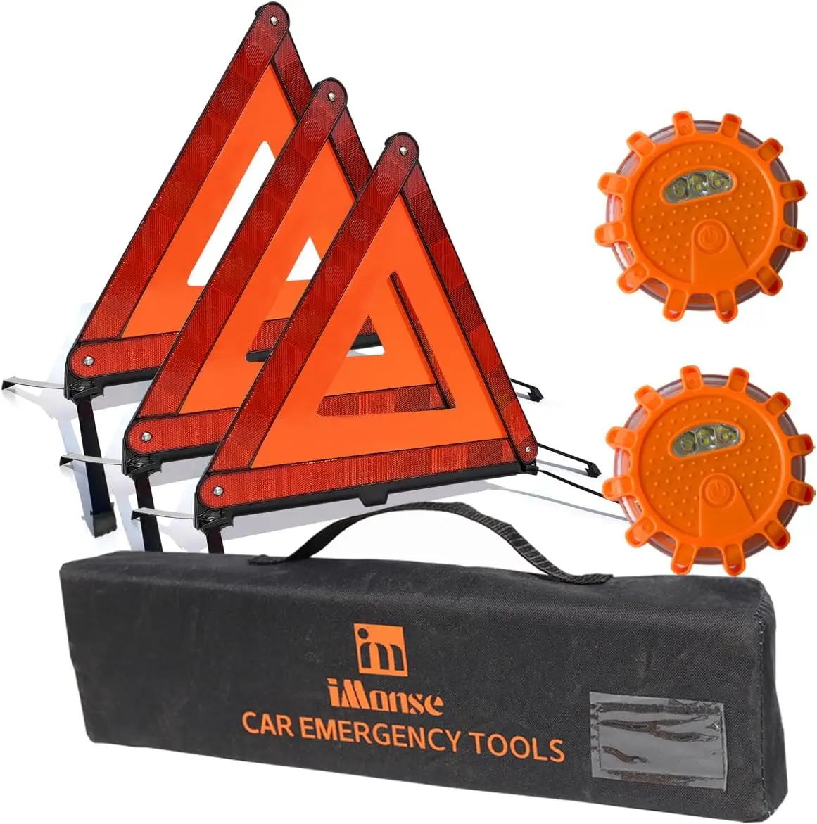 

Emergency Roadside Warning Triangle Kit with 3 Reflective Triangles and 2 LED Flare Lights, Foldable with Case for Breakdowns