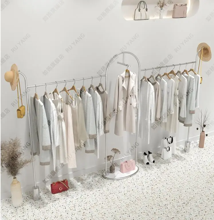 Clothing store display rack floor-down high-end women's clothing store display shelf stainless steel silver rack wall hanging