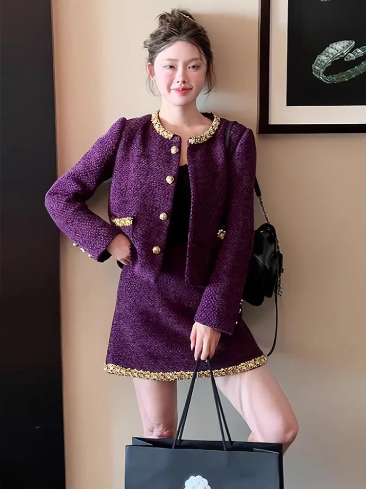 Purple Elegant Sets Dress Autumn Winter High Quality Beaded Stitching Coat High Waist A-Line Skirt Slim Office 2-Piece Set Women