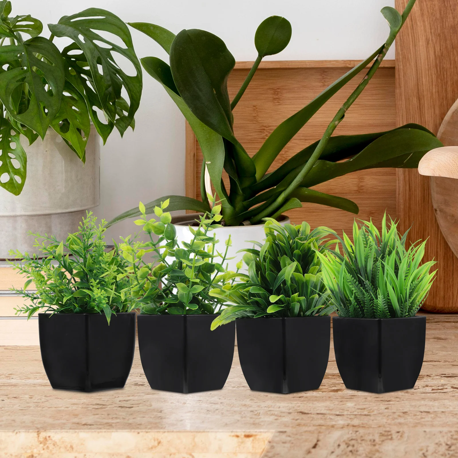 

4Pcs Mini Artificial Plants Black Pot Fake Eucalyptus Potted Plant Small Faux Grass for Indoor Office Home Bathroom Decor