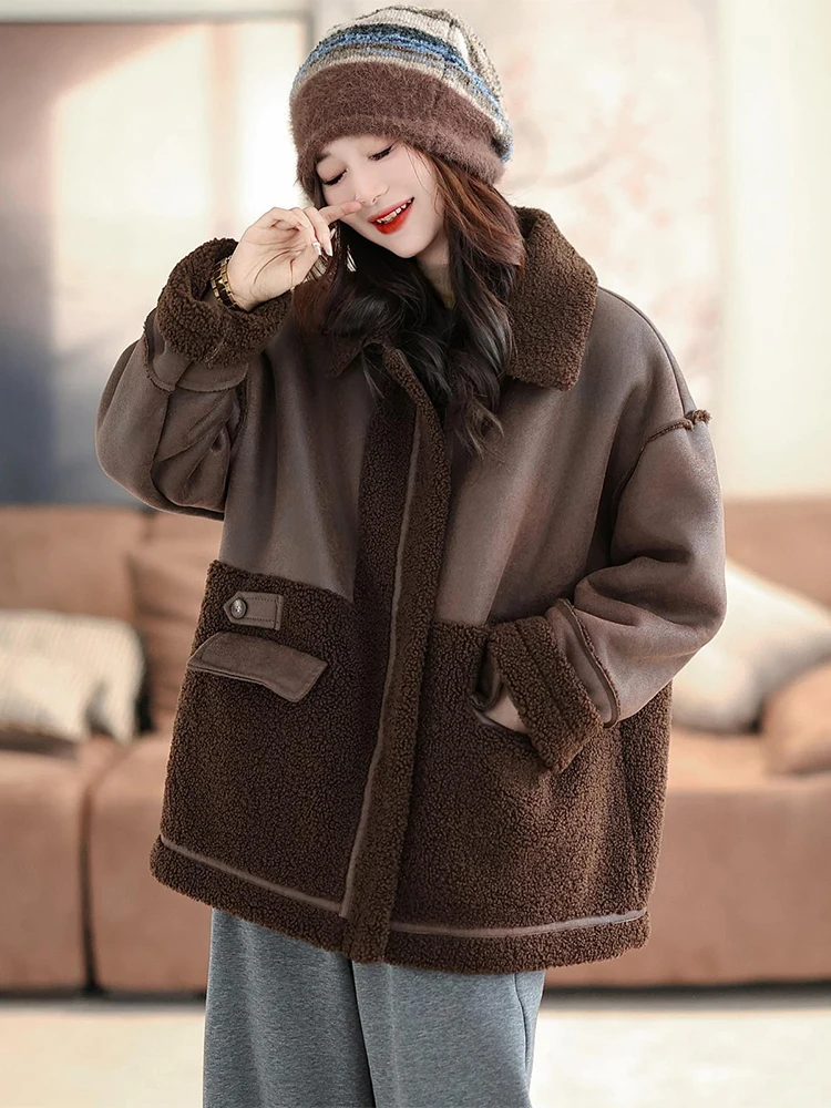 Amax LuluE European Winter Womens Fashion Warm Faux Leather Jackets Ladies Loose Casual Fur PU Coats Thicken Vintage Outerwear
