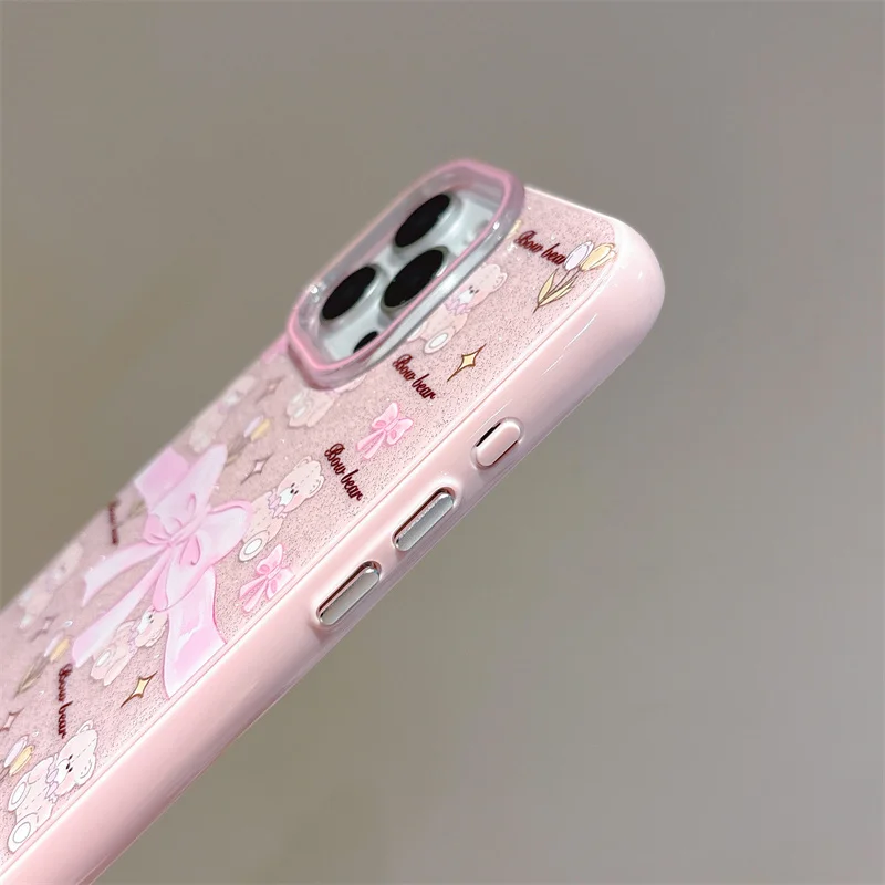 Милый чехол для телефона с блестящим бантом и цветочным принтом медведя для iPhone 14 15 Pro 16 Pro Max Flash, розовый, 3D чехол с бантом и лаппет для девочек, подарок
