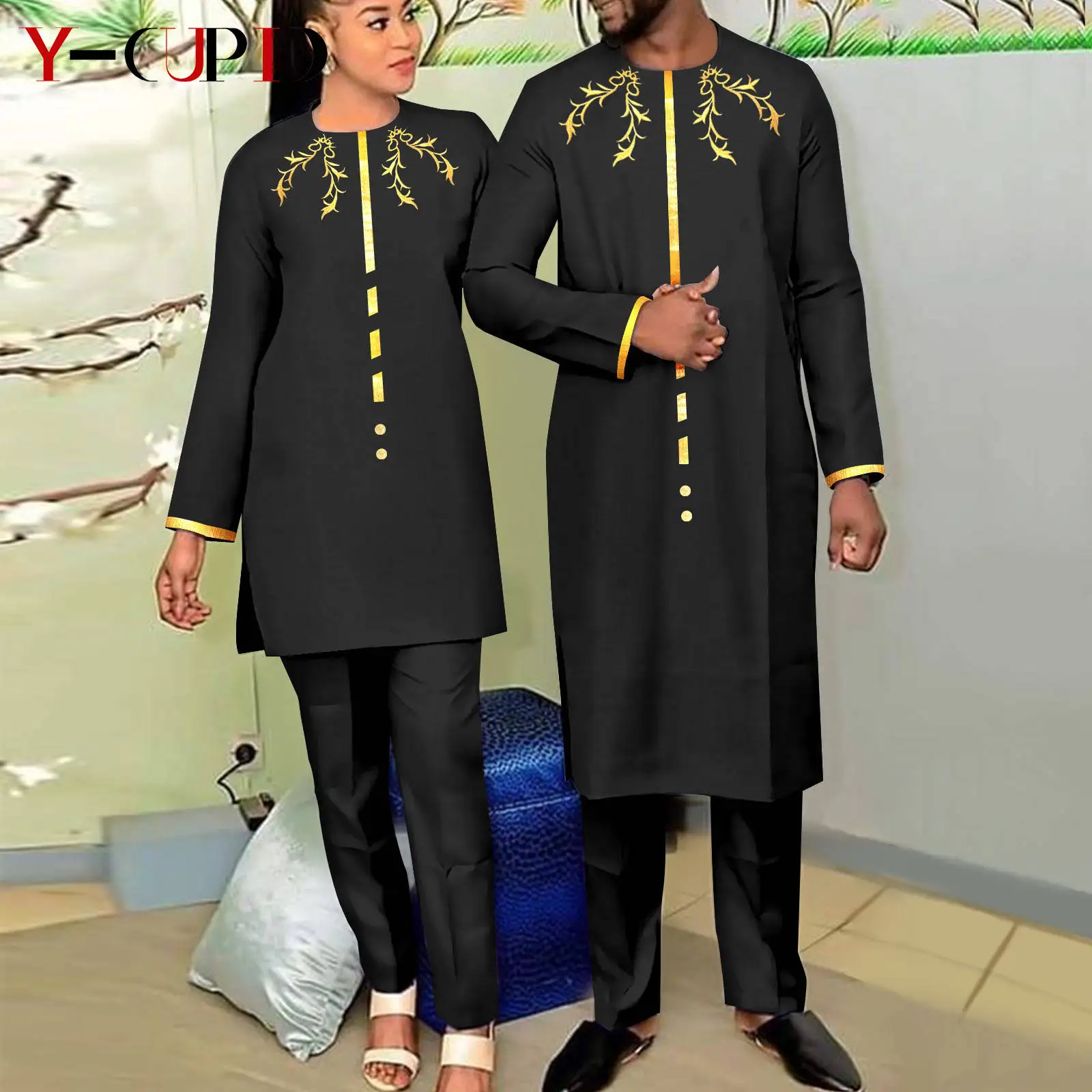 

Bazin Riche African Clothes for Couples Agbada Dashiki Women Applique Top Shirt and Pant Sets Matching Men Outfits Y23C037