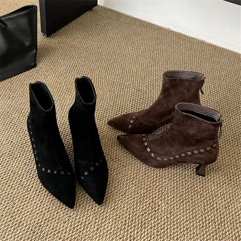 

New Autumn Winter Sheep Suede Women Boots Pointed Toe Short Boots for Women Fashion Retro High Heels Ladies Shoes Thin Heels