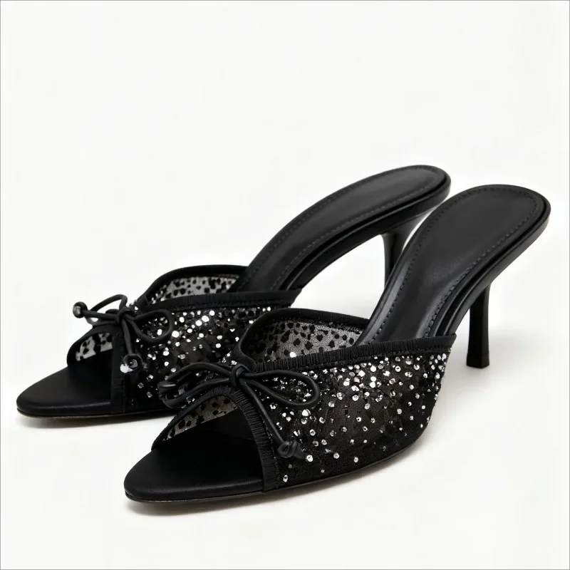 

Mesh Rhinestone Bow Decoration Women Slippers Sexy Pointy Toe Peep Toe Slides Sandals Elegant Luxury Designer Heels for Ladies