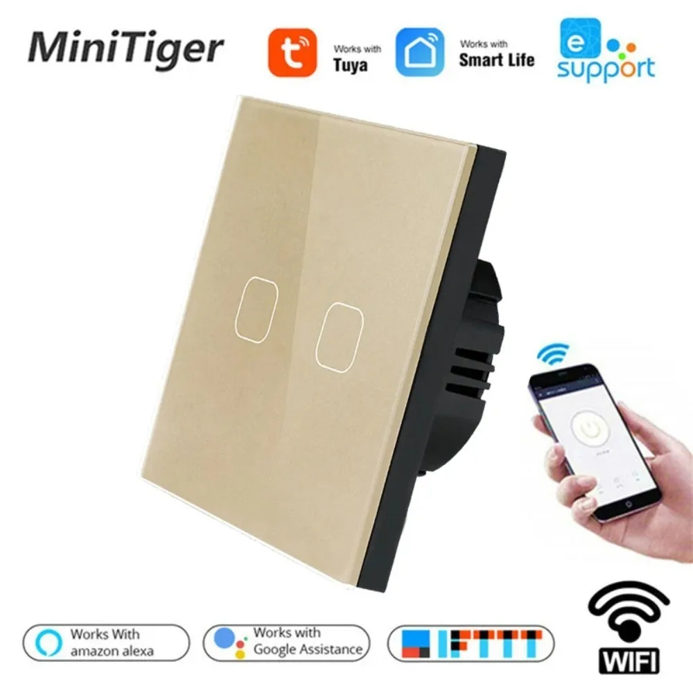 Minitiger Tuya/Smart Life WIFI 2 Gang 1 Weg Schalter Kristall Glas Panel Touch Wand Schalter Smart Home Automation Wireless