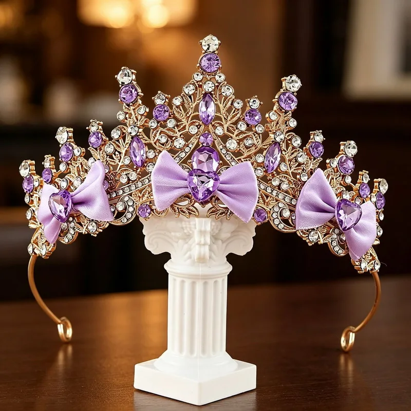 2026 Princess cute luxury Crystal Crown girls Party Wedding pink crown kids bow Hair Headband red fairy crown  Gift - view 3