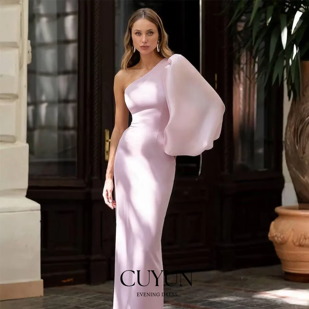 

CUYUN Customized Pink One Shoulder Puff Sleeves Prom Gown Straight Slit Back Formal Dinner Banquet Dress Elegant Party Gown
