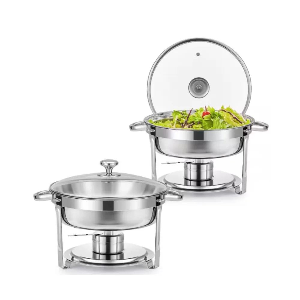 

2-Pack 6 qt. Stainless Steel Round Chafing Dishes Buffet Set Glass Lid Holder，keeps your culinary creations safe