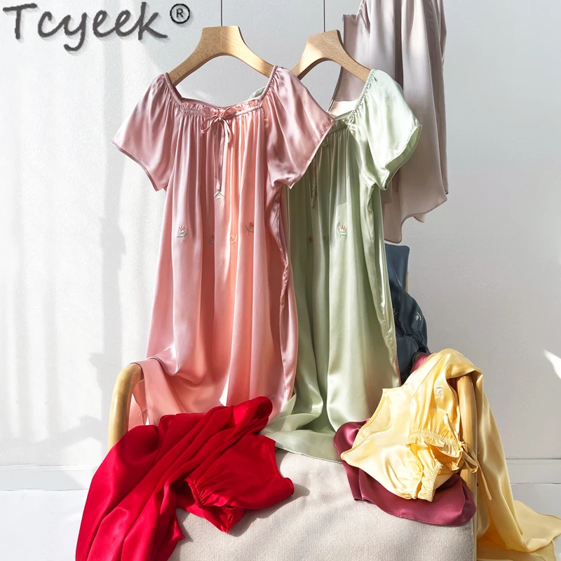 Tcyeek 100% Mulberry Silk Nightgrowns Summer Short Sleeve Dress for Ladies Night Dress Midi Dresses Sleepwear Women Clothes 2024