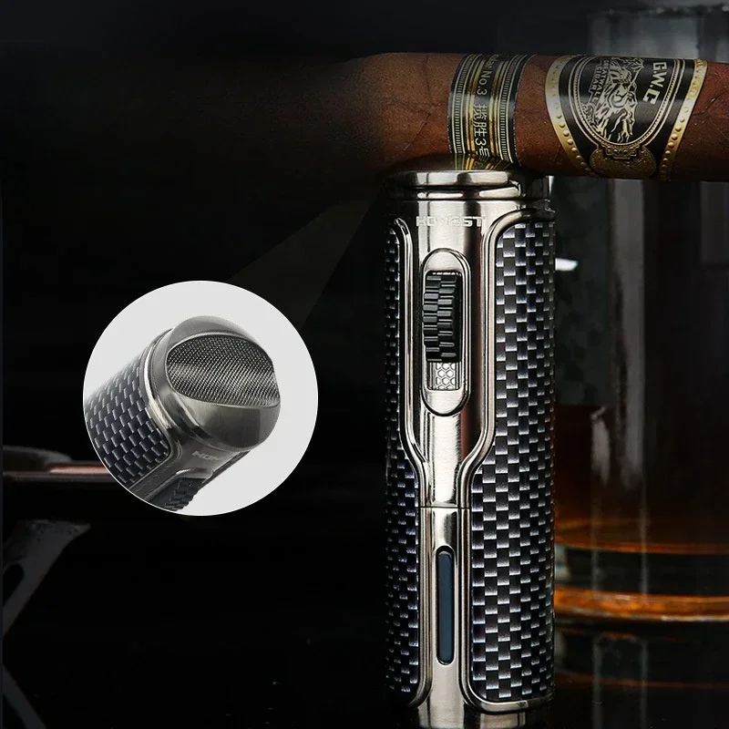 

HONEST Electric Metal Windproof Butane Gas Lighter Powerful 3 Blue Flame Turbo Jet Lighter Cigar Holder Hole Punch Tool Men Gift