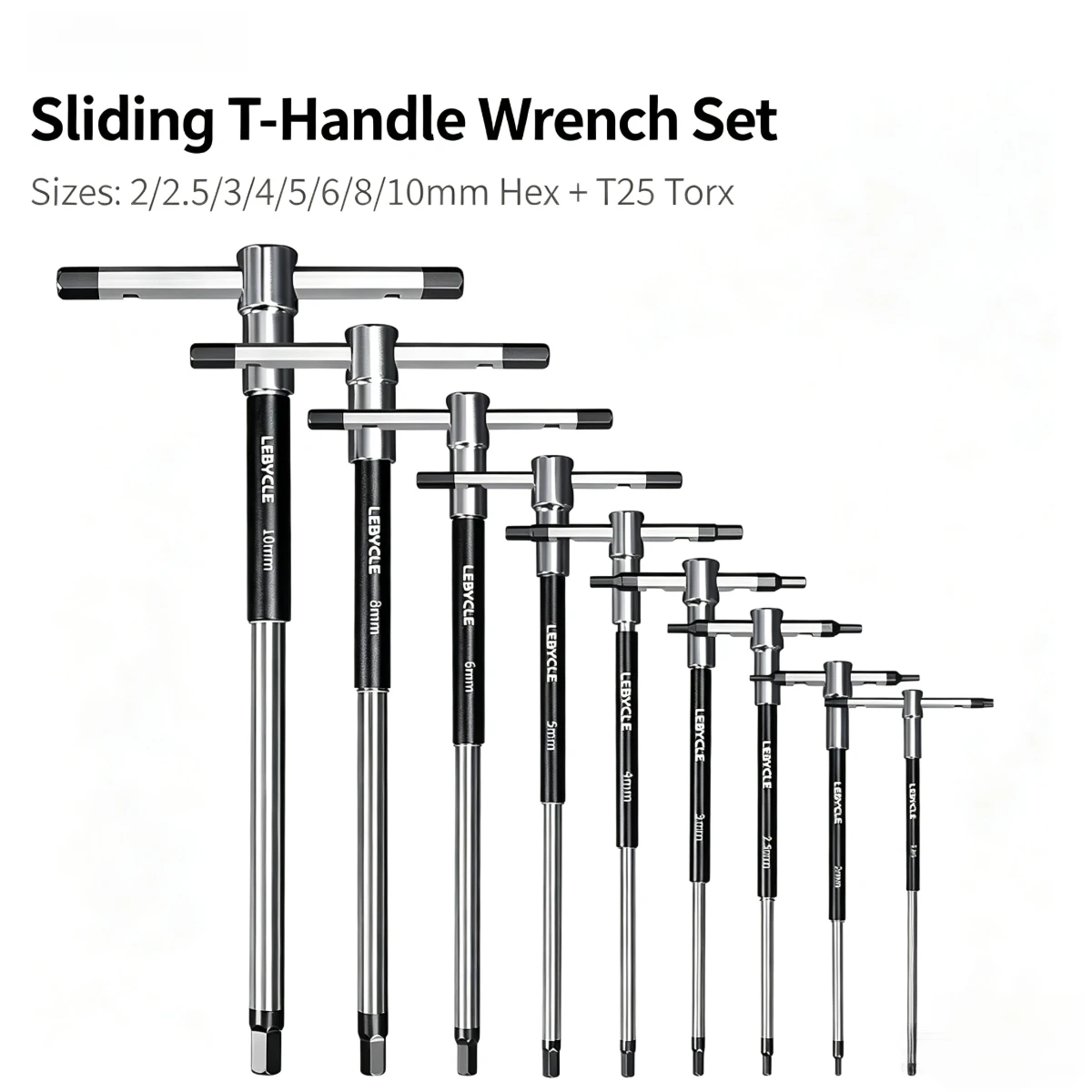 LEBYCLE T-Griff Sechskantschlüssel-Set aus Cr-V-Stahl, Inbusschlüssel-Werkzeuge 2 2,5 3 4 5 6 8 10mm T25, 360° Drehbares Fahrrad-Reparatur-Werkzeugset für MTB
