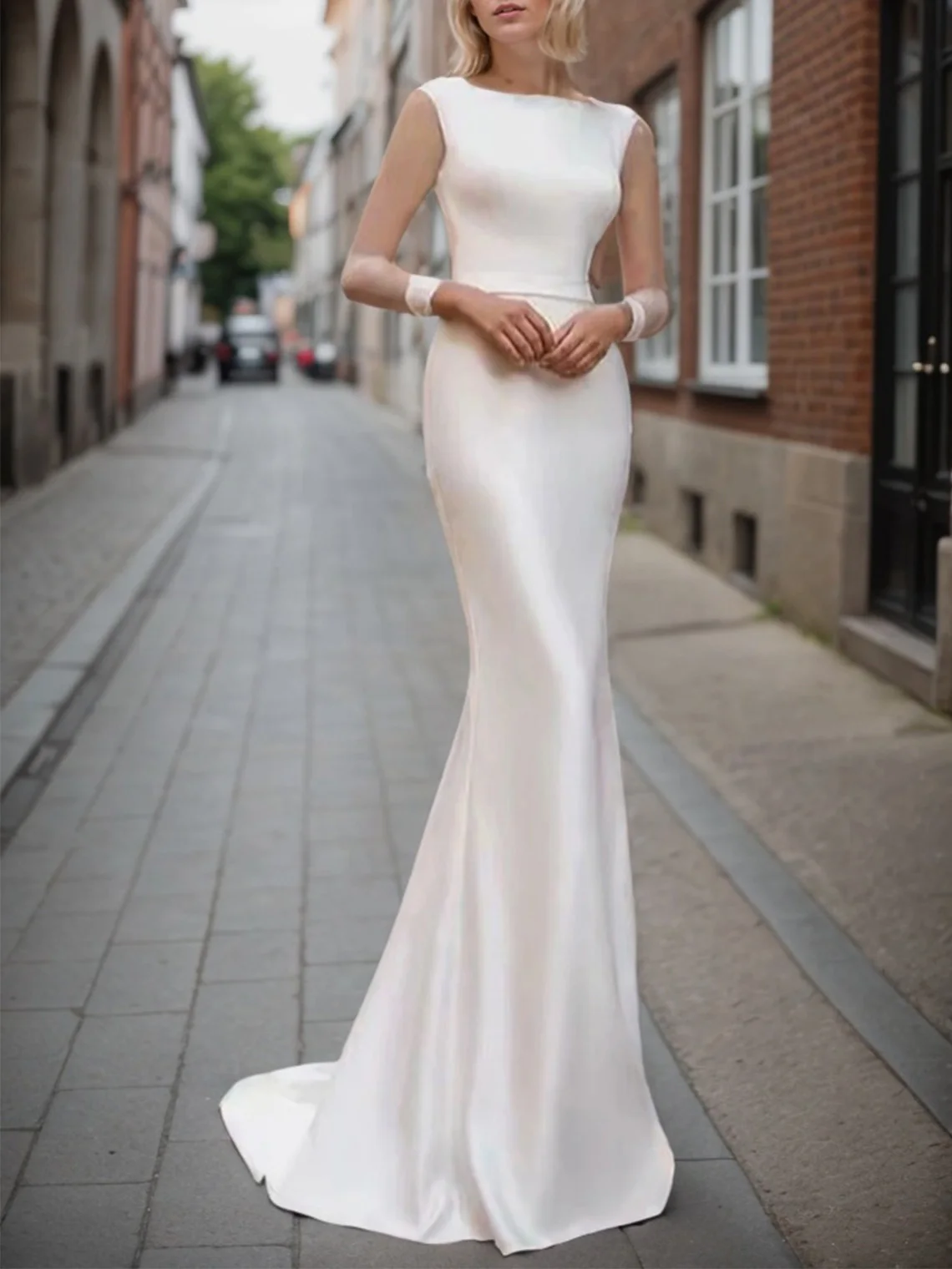 

Elegant Minimalist Mermaid Bridal Gown Jewel Neck Sweep Train Satin Long Sleeve Solid Color Reception Dress 2025 Free Customized