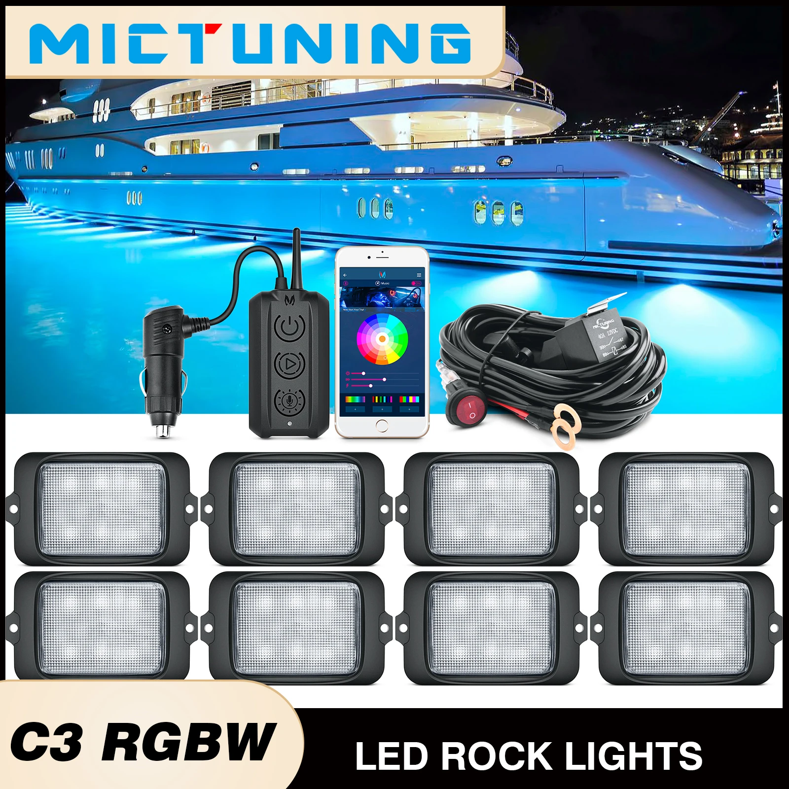 MICTUNING C3 RGBW LED Rock Light With Wireless  APP & Wireless Control,8 Pods Multicolor Neon Underglow Lights For Car Truck UTV