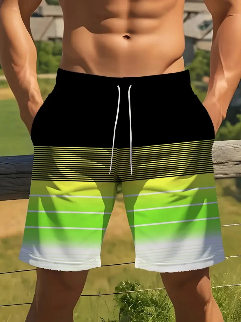 

Fashion Striped Pattern Beach Shorts For Men Summer Retro Holiday Vacation 3D Printed Short Pants Loose Breathable Swim Trunks