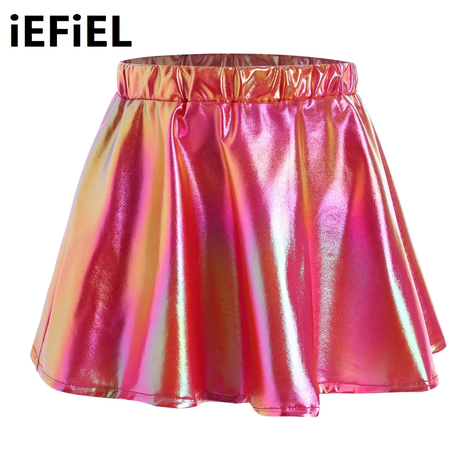 

Girls Metallic Dance Skirt Shiny A-Line Elastic Waistband Miniskirt for Cheerleading Stage Performance