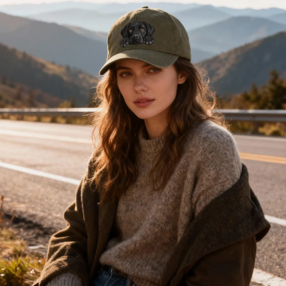 1pc Labrador Print Baseball Cap,Lightweight Breathable Adjustable Snapback Hat with Curved Brim,Washed Look for Outdoor,tralve