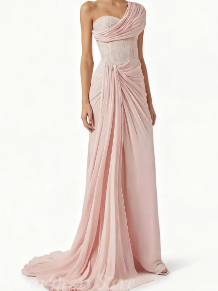 

Flora Dress Customized Chiffon Long Formal Evening Party Gowns One Shoulder Mermaid Evening Dresses with Lace Applique
