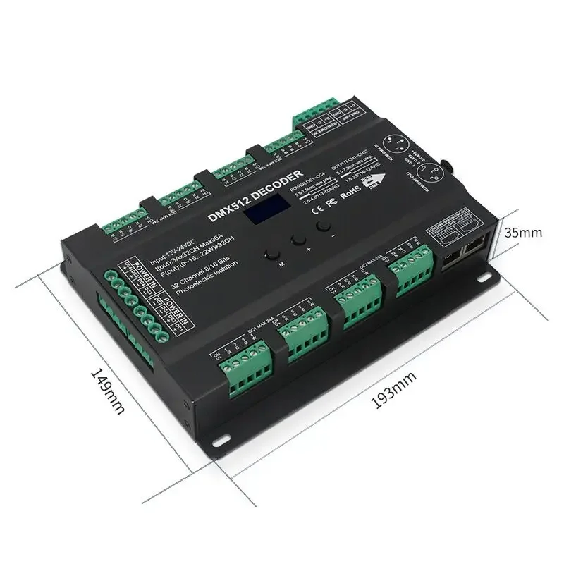 32 Channel 96A RGBW DMX 512 LED Decoder Controller DMX Dimmer DC5-24V RGBW RGB LED Light 8 Bit/16 Bit