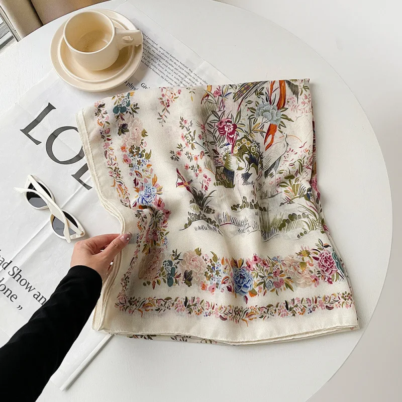 180x90cm Simple Elegance Floral Bird Print Silk Scarf Lyric Velvet Korean Style Countryside Flower Warm Sunscreen Large Shawl image 6