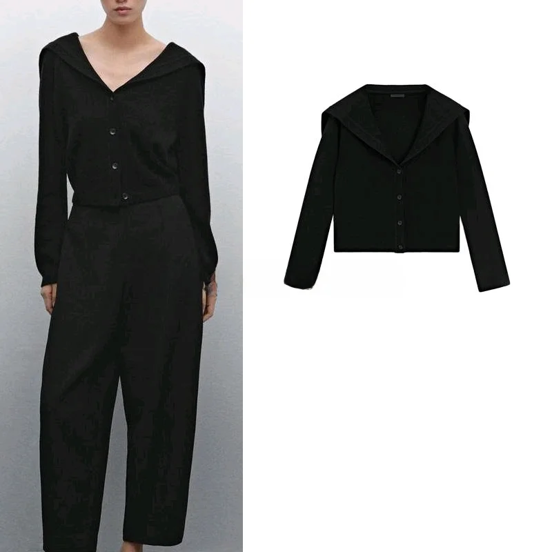 

Spring New Arrival American College Sle Navy Collar Knitted Sweater Cardigan Slim Fit Polyester Fiber Long Sve ort Length