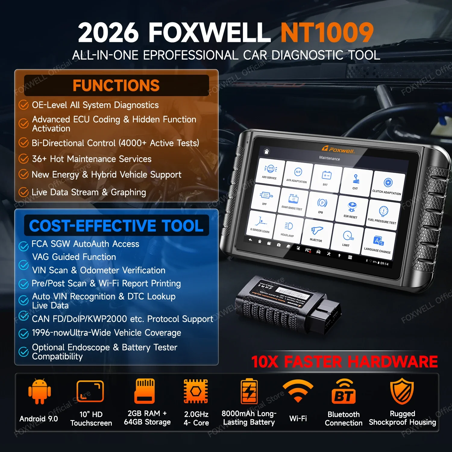 FOXWELL NT1009 OBD2 Car Scanner All System Bidirectional CANFD DOIP Topology Mapping 36+ Reset New Energy Auto Diagnostic Tools