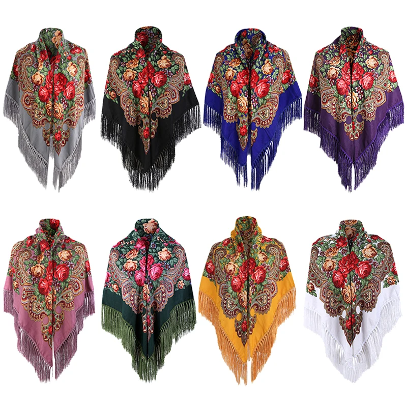 135*135cm Russian National Square Scarf Women Luxury Floral Print Ukrainian Fringed Shawl Babushka Handkerchief Head Wraps