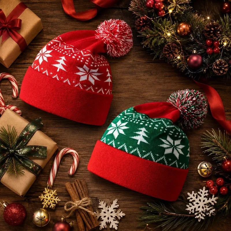 Cozy Thickened Soft Warm Red Christmas Knitted Pompom Hat for Parent Child Autumn Winter Brimless Foldable Wool Beanie Cap