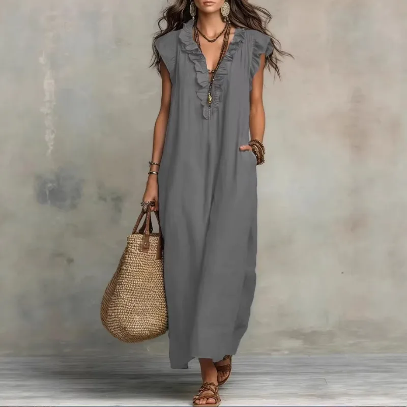 Women Spring Summer Boho Flutter Sleeve Floor Length Maxi Dress Elegant Beach Long Dress view 3