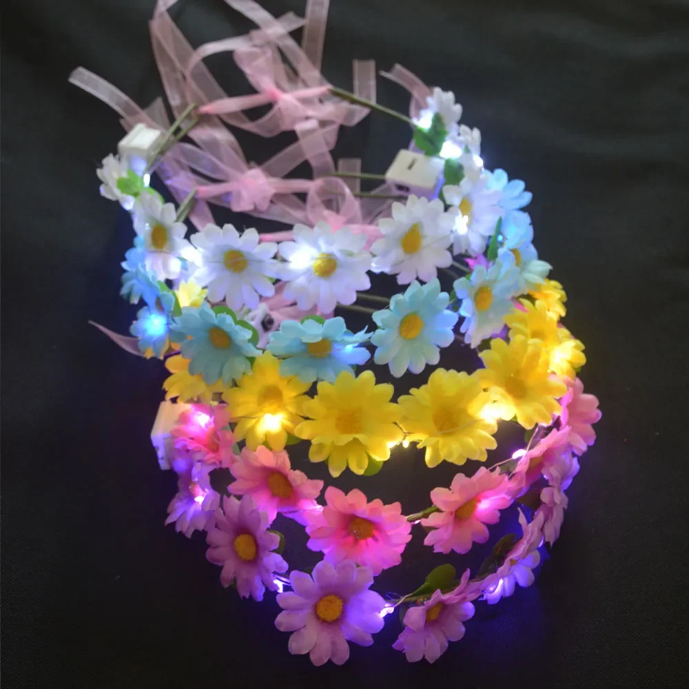 20pcs Women Girl Glow Flashing Light Up Headband Floral Crown Flower Headpiece Bridal Halo Photo Prop for Party Wedding Festival