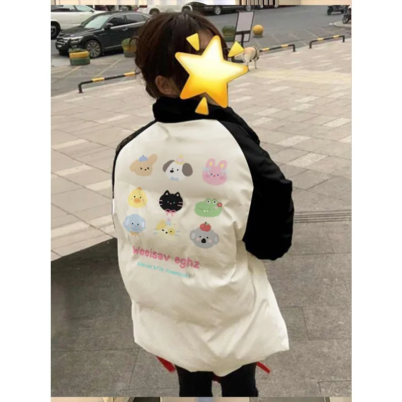 

Japanese Subculture Kawaii Cartoon Printed Cotton Jacket Winter New Black White Patchwork Coats Women's Oversized Loose Clothing
