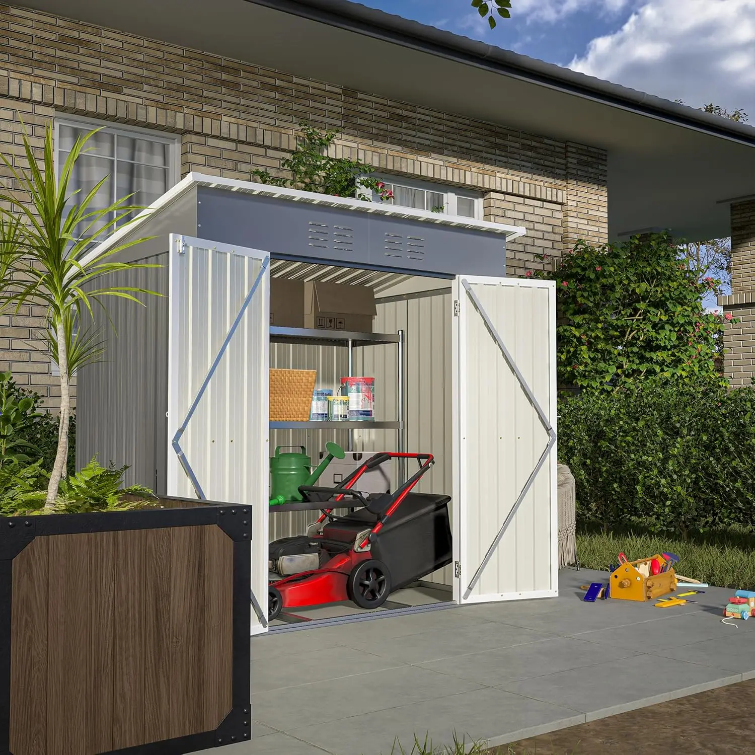 6x4 FT Outdoor Storage Shed with Lockable Double Doors, Aluminum Frame, Weatherproof with Frame Floor