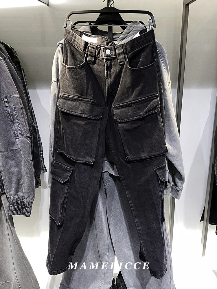 MAMELICCE Original design Men's loose multi-pocket cargo heavy wash water casual jeans pants