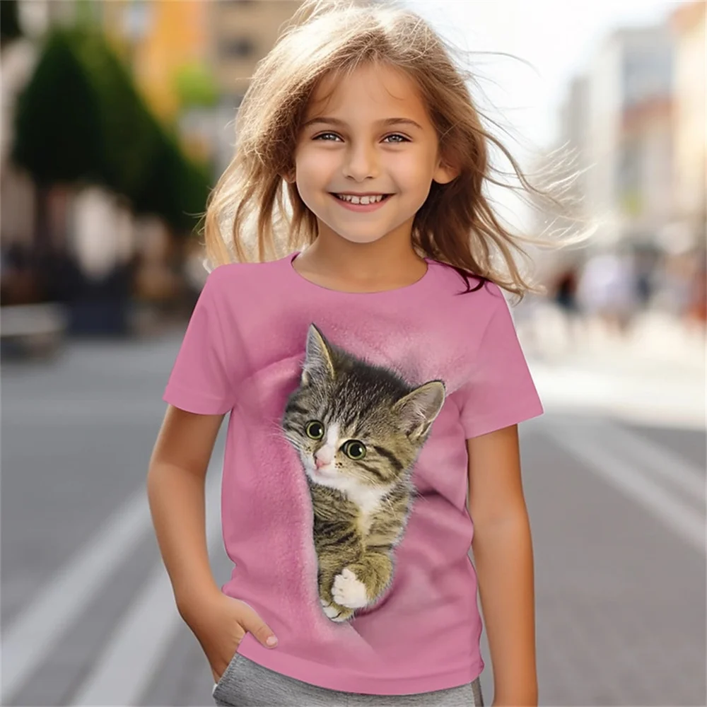 Camiseta divertida con estampado 3d de gato para niña, pantalón corto informal de verano, camiseta fresca de manga para niña