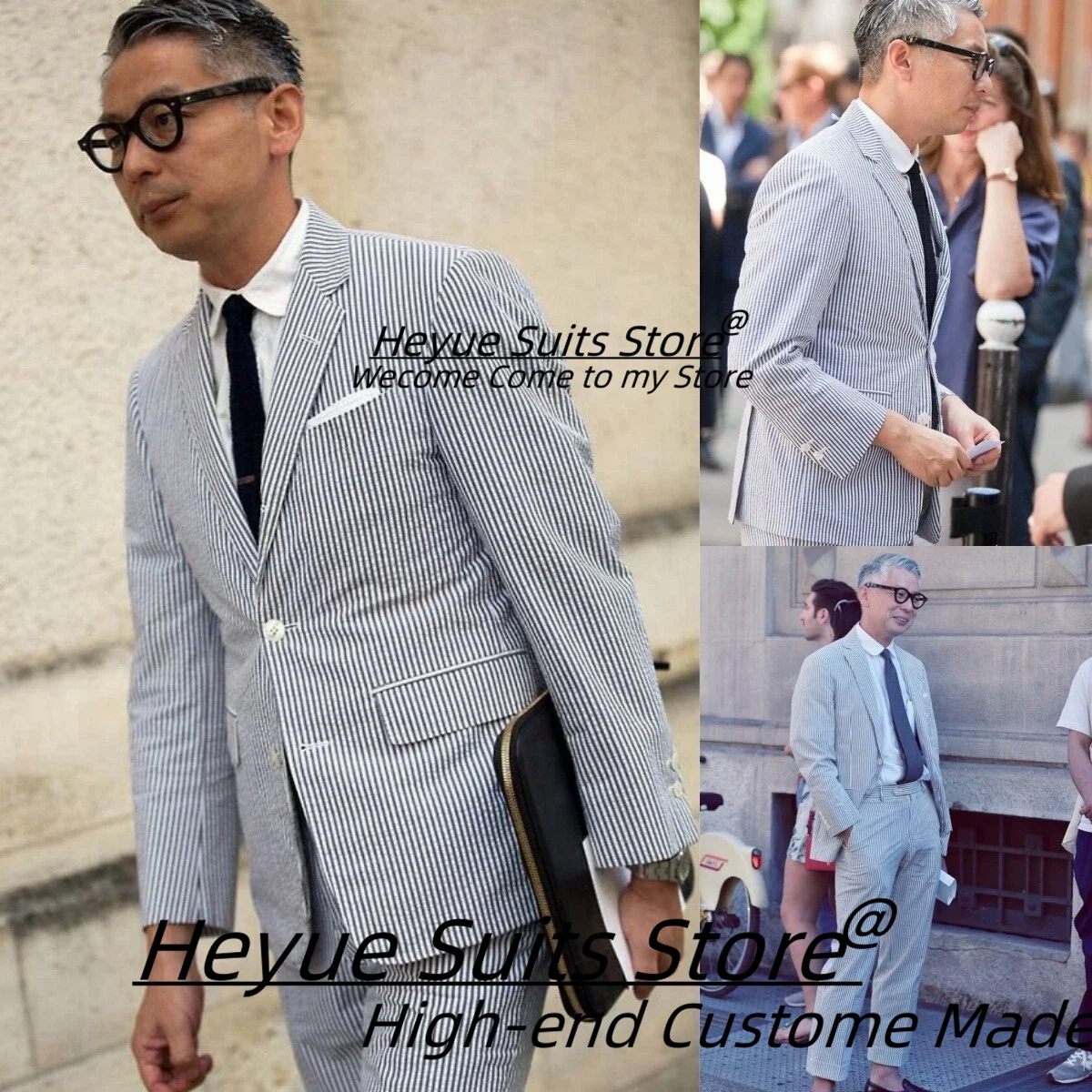 

Summer Blue Seersucker Stripe Men Suits Customized Slim Business Banquet Party Tuxedos 2 Pcs Sets Male Prom Blazers Ropa Hombre