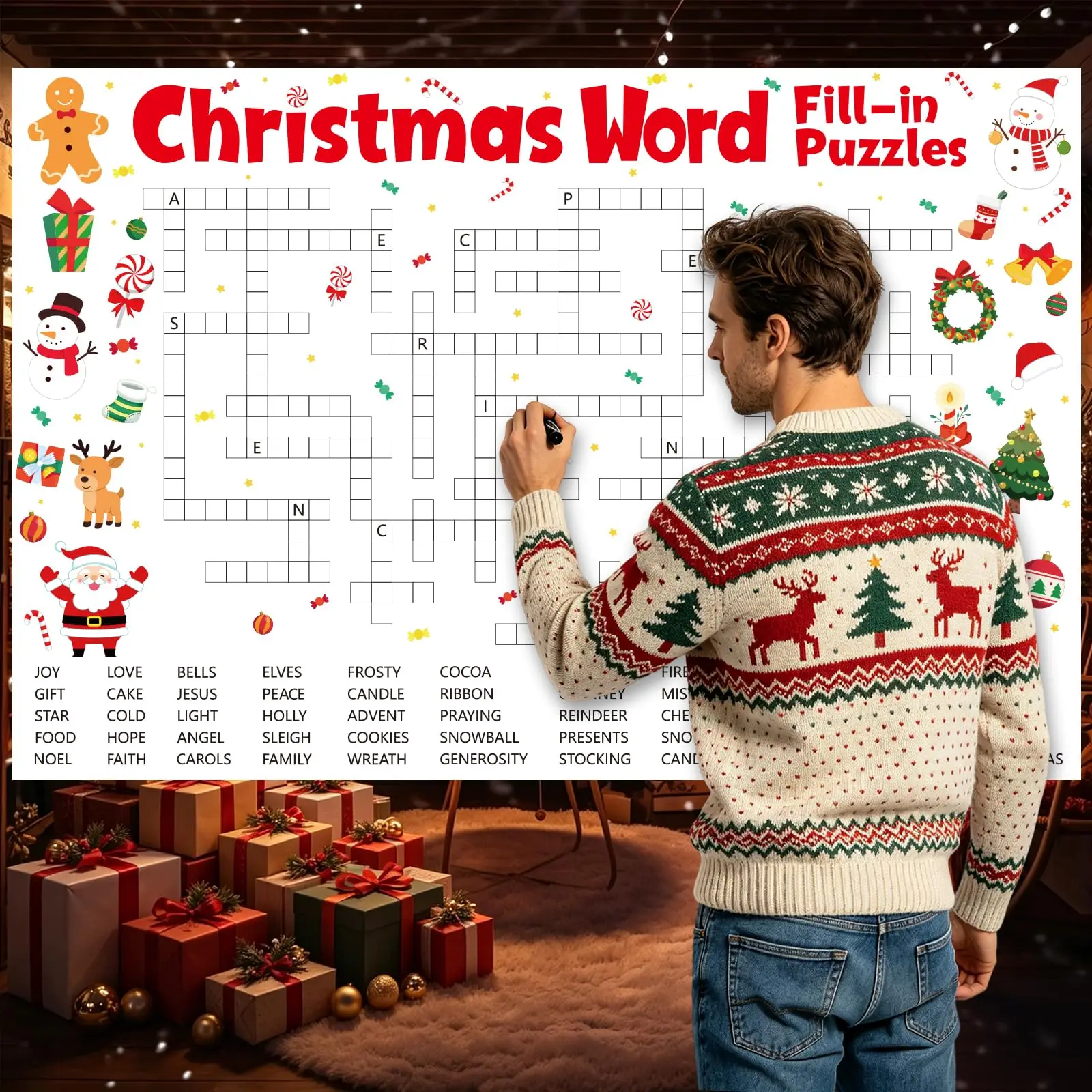Christmas Word Hunt Fill in Puzzles Game Poster Xmas Party Games Kids Family Classroom Activity Decor 150x100cm