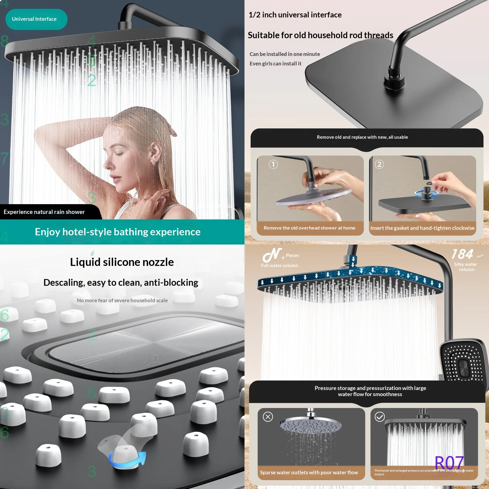 High Pressure Rain Shower Head Large Water Flow Handheld Fixed Single Head Bathroom Set