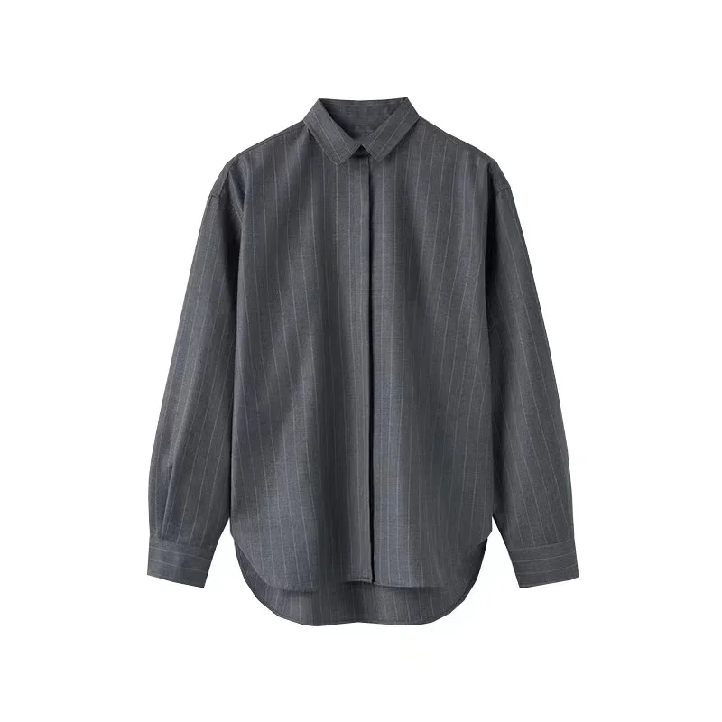 Pinstripe Deep Pleated Wool Shirt, Classic High-Grade Gray Commuter Style Top, Nordic Classic Version, Original 2024