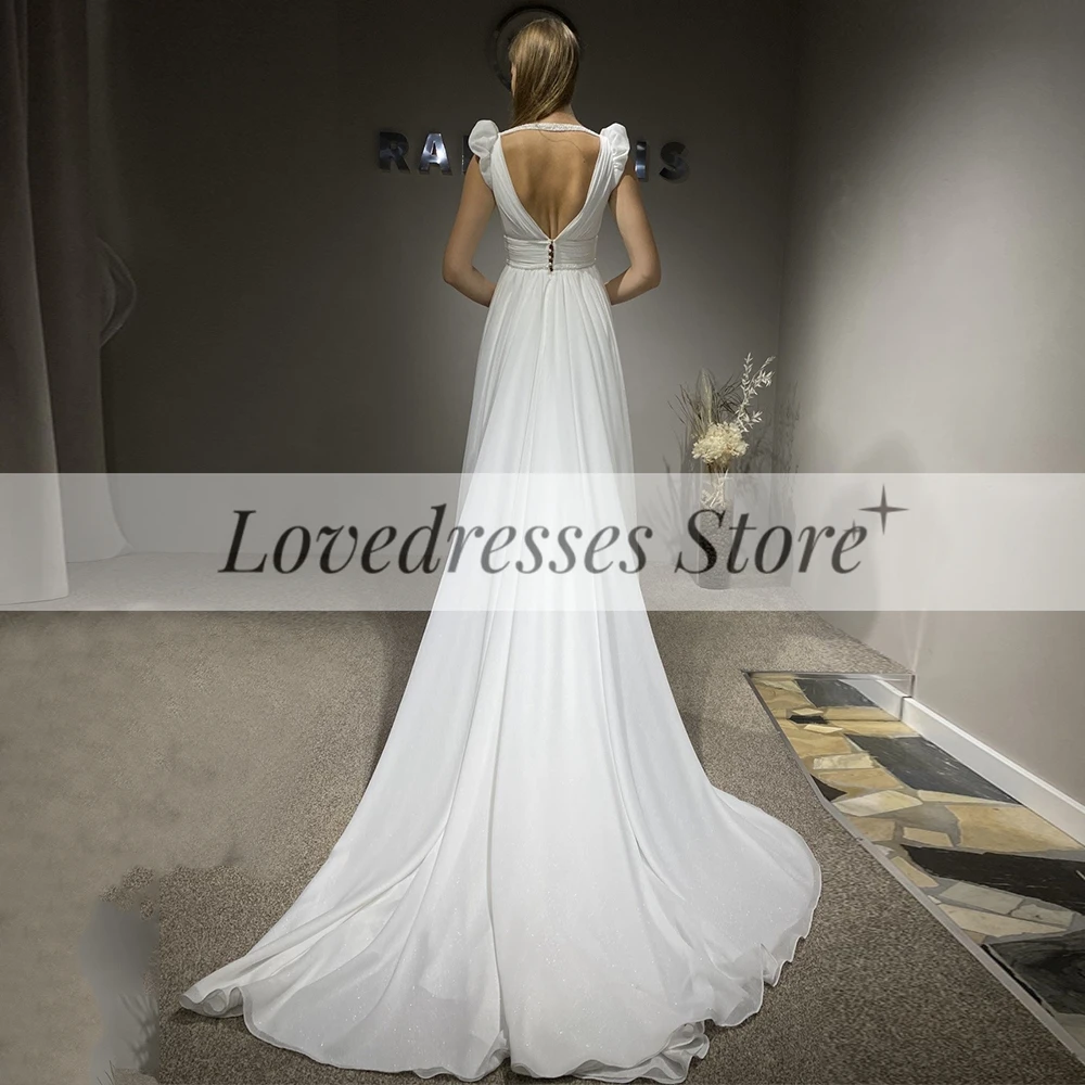 A Line Chiffon Wedding Dresses Customized 2026 Sexy Deep V Neck Sleeveless Court Trian Pleats Bridal Gowns with Open Back