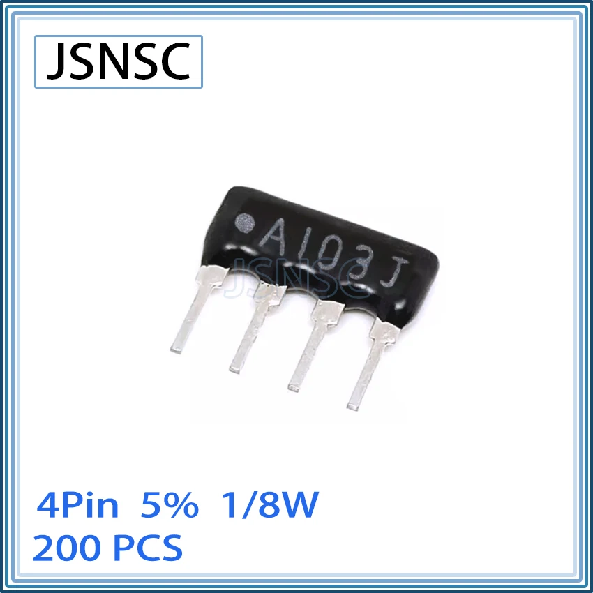 

JSNSC 200PCS 4Pin A102J A103J 4P 100R 10K 5% 1/8W DIP Network Resistor Array 100 OHM A04-102JP A04-103JP