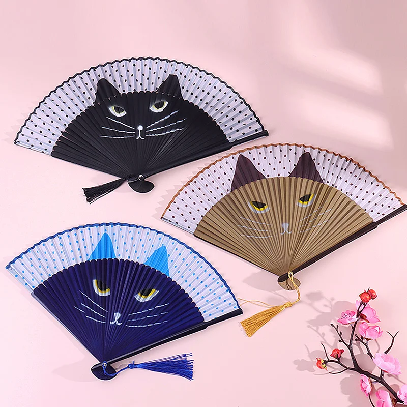 Gato chinês desenhos animados seda fãs, fãs portáteis dobráveis, moda show fãs, estilo japonês, gatinho adorável popular, mulheres e meninas