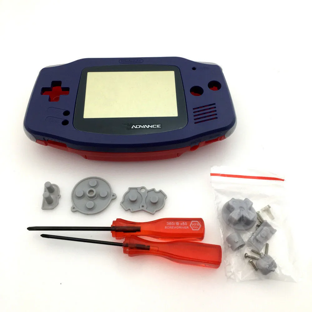 غطاء حماية كامل باللونين الأزرق والأحمر مقطوع مسبقًا لشاشة V2 IPS GBA لشاشة Game Boy Advance GBA - أزرار ملونة اختيارية