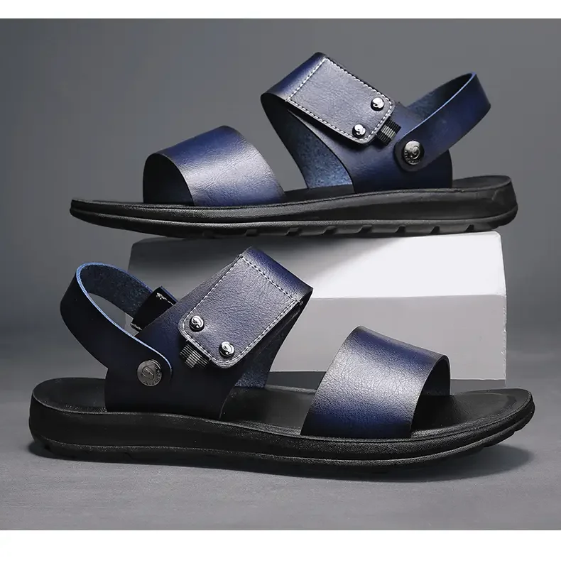 New Summer Man's Leather Open Toe Casual Sandals Soft Sole Non Slip Dual Purpose Outdoor Beach Sandals Slippers