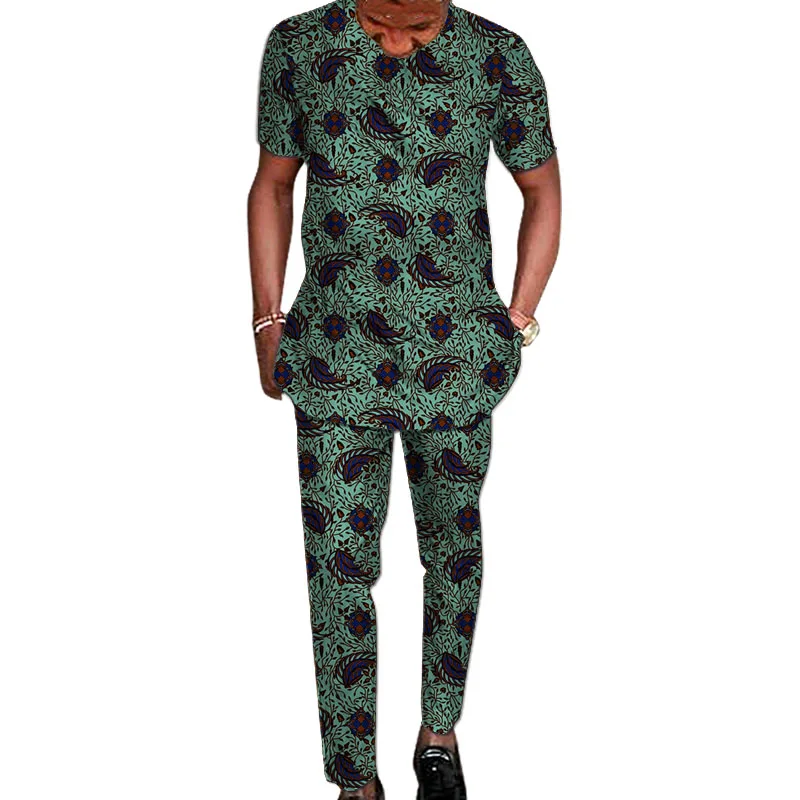 Nigerian Fashion Men\'s Short Sleeve Tops+Trousers African Wax Colorful Print Male Pant Suits Wedding Party Garment