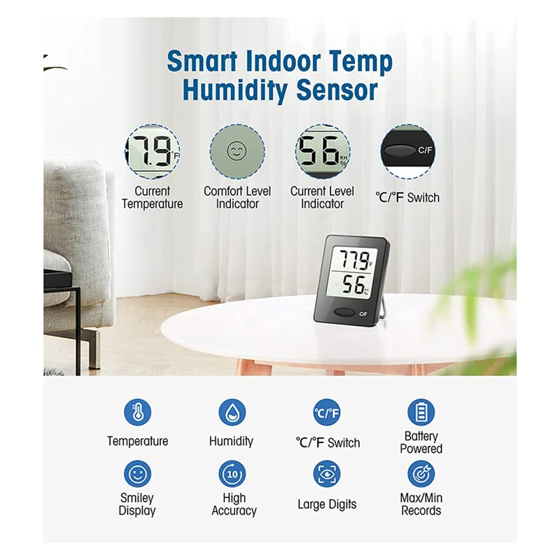 Indoor Hygrometer Thermometer,Room Thermometer with Large LCD Display, Humidity Monitor for Home Office Black